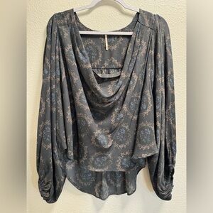 Free People Cowling Around Medallion Print Blouse Cowl Neck Puff Sleeves Small